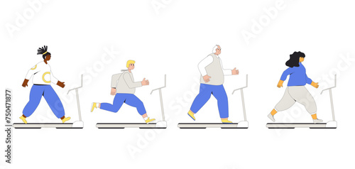 Weight loss exercises on treadmill. Diversity characters with obesity running. Vector illustration