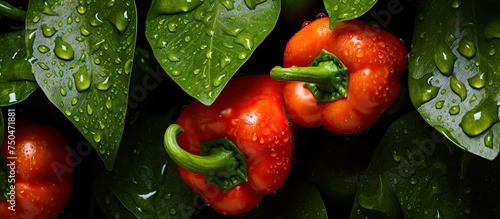 Vibrant Red Peppers Covered in Refreshing Water Droplets, Fresh and Crisp Farm Harvest
