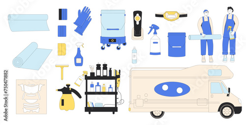 Vehicle wrapping set. Car detailing. Repair auto. Collection of isolated automobile service tools. Vector illustration in flat with outline