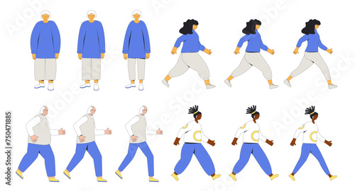 Weight loss women and men sequence. Before and after diet and exercises. Young and elderly characters with different body mass.