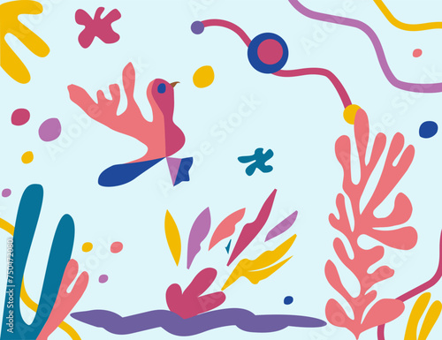 Abstract illustration  a bird flies in the water where algae grows  vector drawing