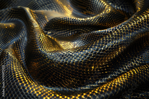 A snakeskin pattern shining with a golden glow. Golden black color. Background for a New Year's banner symbolizing the year of the snake