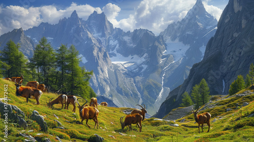 A group of alpine chamois grazing on a high mountain meadow, framed by rugged peaks in the distance. photo