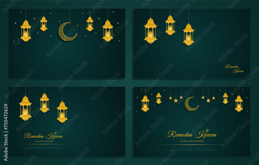 Ramadan kareem set. Islamic background. Ramadan islamic holiday invitations templates with gold crescent moon. Luxury design. Vector illustration. Ramadan kareem set. Islamic background. Ramadan islamic holiday invitations templates with gold crescent moon. Luxury design. Vector illustration.