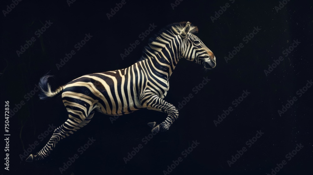 Naklejka premium Zebra jump on a black background. Flying animal.