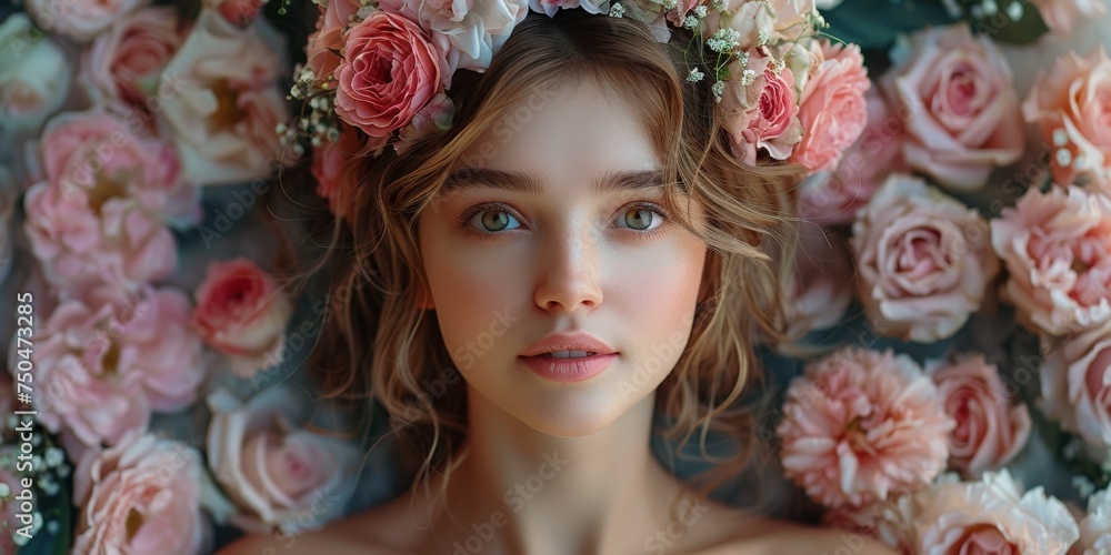 A portrait of a lady adorned with a floral wreath exudes beauty, freshness, and fragrance. A portrait of a lady adorned with a floral wreath exudes beauty, freshness, and fragrance.
