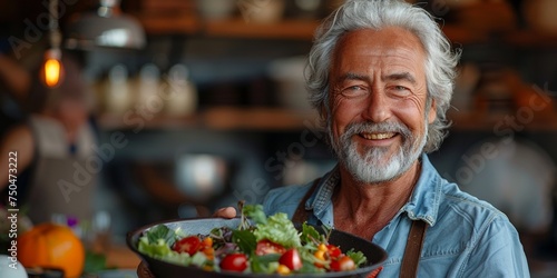 A handsome and cheerful retired grandfather in an apron enjoys preparing and eating a delicious, healthy salad at home.