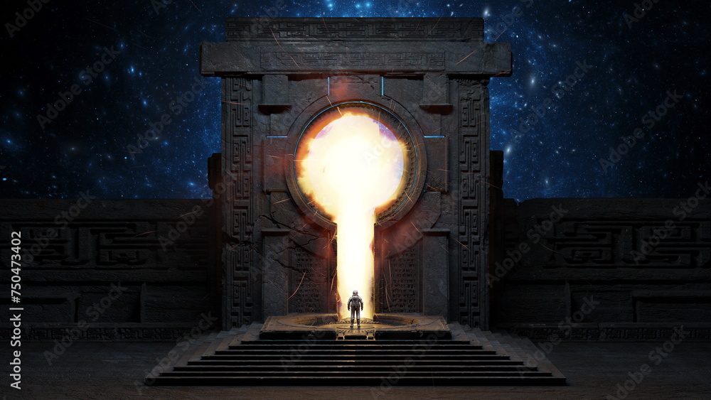 Astronaut stand before ancient portal ablaze with energy, set against a night sky peppered with stars, cosmic exploration, gateway to other worlds. 3d render - obrazy, fototapety, plakaty 