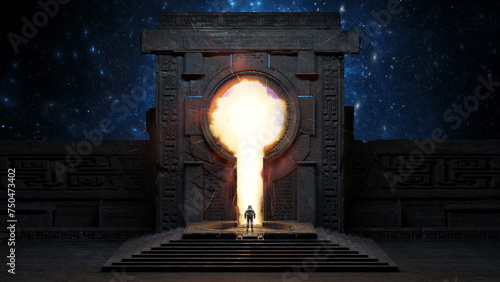 Astronaut stand before ancient portal ablaze with energy, set against a night sky peppered with stars, cosmic exploration, gateway to other worlds. 3d render photo