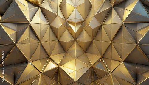 background of gold.a high-quality 3D render illustration showcasing a sleek futuristic environment with a golden backdrop, a prominent triangular block structure, and an intricate 3D triangle tile pat