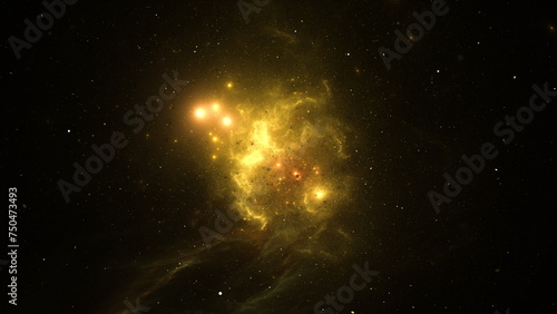Fototapeta Naklejka Na Ścianę i Meble -  Golden nebula glimmers with star clusters and interstellar dust, set against the deep black of space. 3d render
