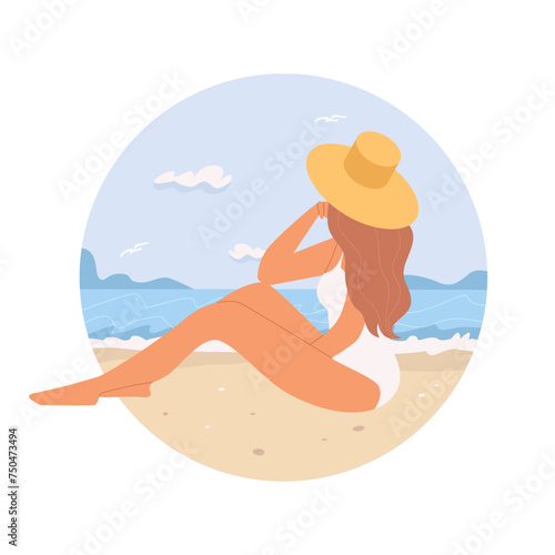 Beautiful Woman on the Beach. Vacation Mood. Flat Vector Illustration on Transparent Background. © Viktoriia
