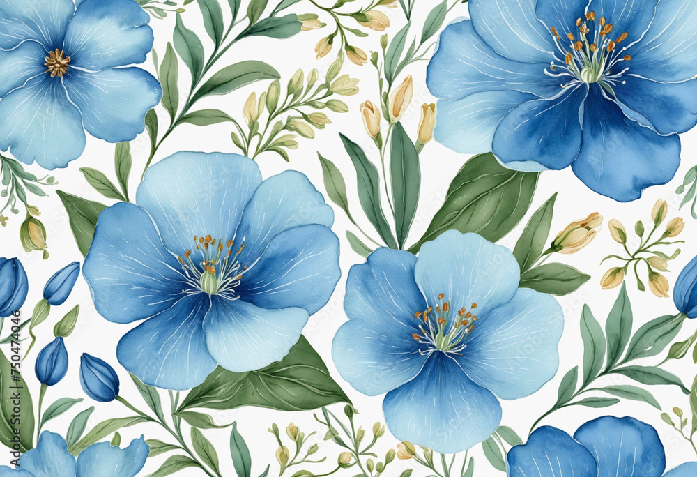 Blue watercolor flowers background paint on white background
