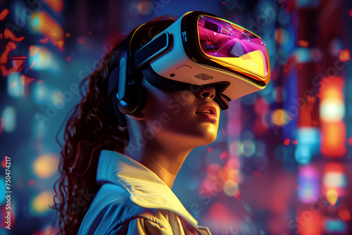 Young woman wearing a mixed reality headset and experiencing simulation, metaverse and cyberspace.