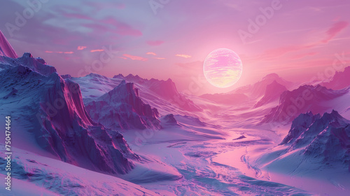 Imaginative digital art of a snowy mountain landscape on an alien planet  under the glow of a large pink sunset