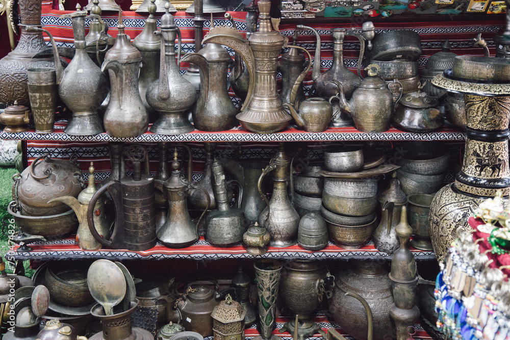 Muscat market, Omani souvenirs, Arabic plates and vases, Omani art