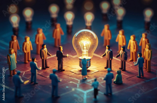 An isometric business illustration capturing small characters collaborating on creative ideas, with a prominent, isometric light bulb as the central metaphor for enlightenment