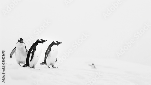 A group of penguins waddling together on a snowy landscape, the white background emphasizing their adorable black and white plumage.