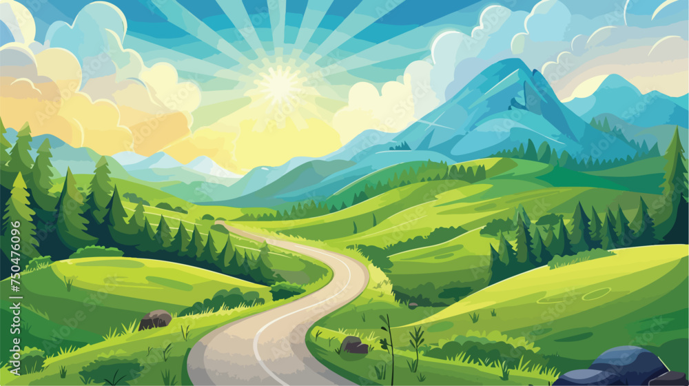 Cartoon landscape. Mountain sky ray road travel illustration