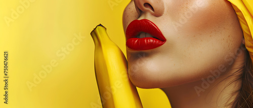 Model woman with red lips makeup taking a bite from yellow banana with copy space for text placement