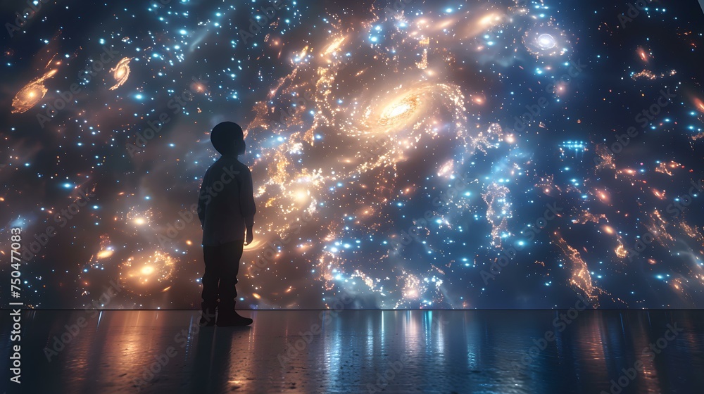 Fototapeta premium A young child looking up in wonder at a planetarium ceiling filled with stars. Concept Astronomy, Wonder, Childhood, Curiosity, Planetarium