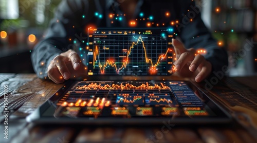 On a dark background, a businessman holds a tablet and displays a virtual hologram of statistics, graph, and charts. Stock market. Concept of business growth, planning, and strategy.