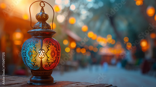 Selective focus of lantern with apartment building background for the Muslim feast of the holy month of Ramadan Kareem.