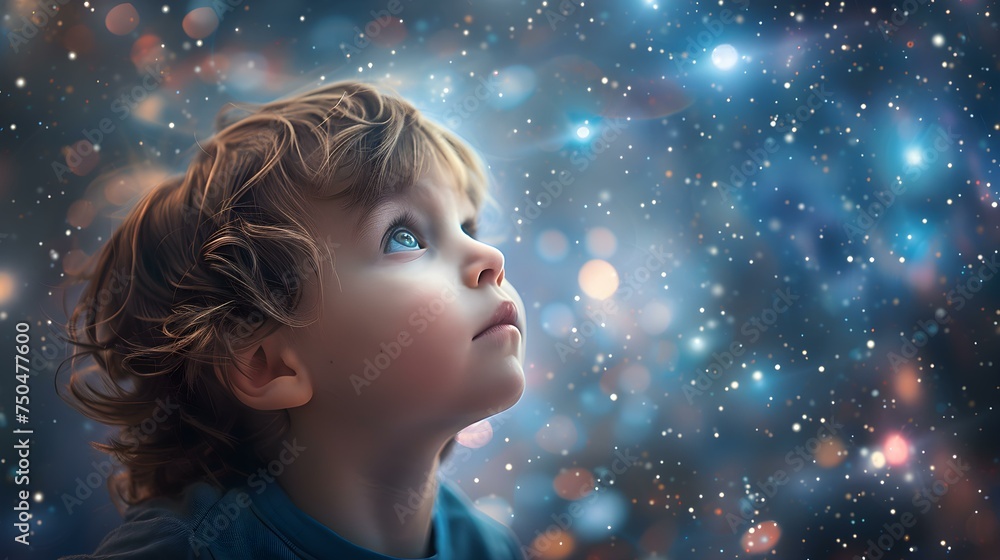A Young Child Staring in Wonder at a Planetarium Ceiling Filled with Stars. Concept Childhood Wonder, Science Discovery, Planetarium Experience, Curiosity, Starry Night Sky A Young Child Staring in Wonder at a Planetarium Ceiling Filled with Stars. Concept Childhood Wonder, Science Discovery, Planetarium Experience, Curiosity, Starry Night Sky