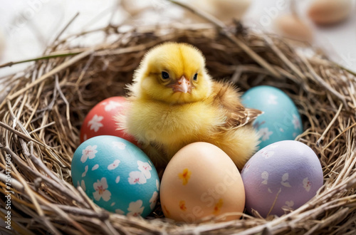 easter chicken and eggs in nest