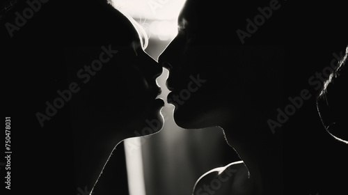 The silhouettes of two people almost kissing