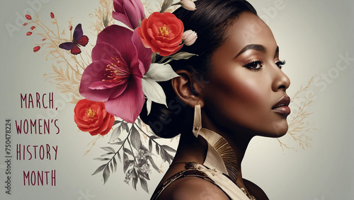 Elegant woman's image fused with flowers and a butterfly to celebrate Women's History Month