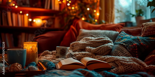 A cozy reading nook with books, blankets and mugs of hot drinks, perfect for book-loving couples. Generative AI