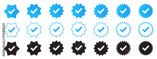 Verified profile badge set. Blue check mark. Social media account verification icons. Approved check mark with tick simbol.