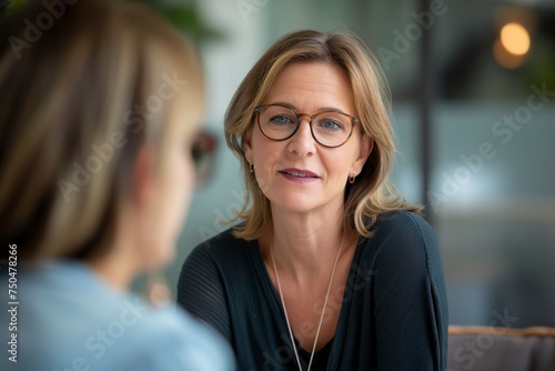 A middle aged professional business woman wearing glasses engaged in conversation with another woman. © Joaquin Corbalan