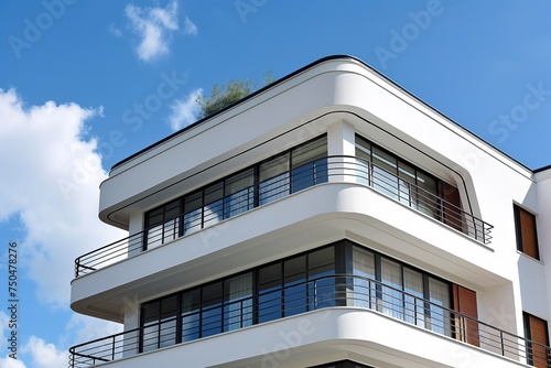Tall white building featuring multiple balconies in a modern Art Deco architectural style.