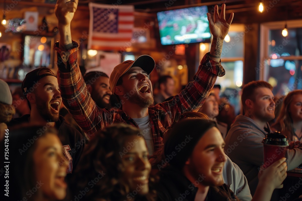 Large group of people sitting in a bar, cheering and watching a live American football match.