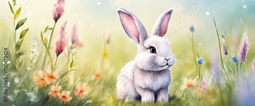A white rabbit is sitting in a field of flowers © Екатерина Переславце