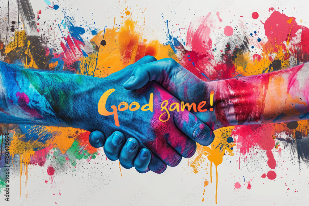 Painted handshake with vibrant splashes,