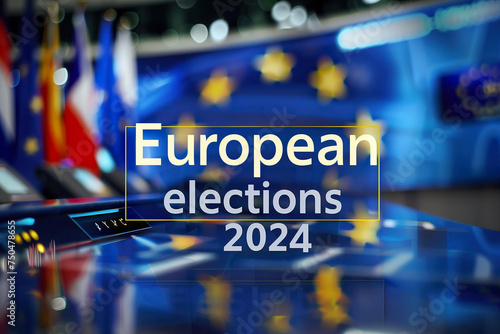 A European election sign with the European flag in the background.