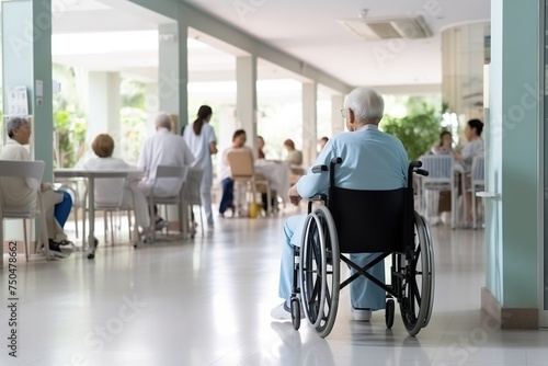 A man in a wheelchair amidst a bustling room filled with doctors, nurses, and patients.