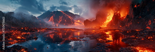 large lake filled with lava that serves as a hellish waterfall. . Generative AI