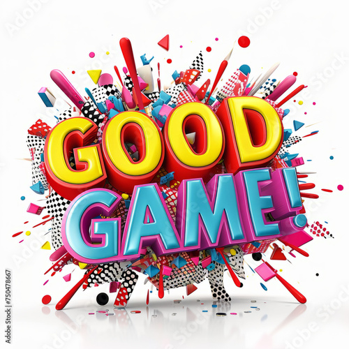 3D lettering effect "Good Game" with bright, colorful inclusions and playful elements.