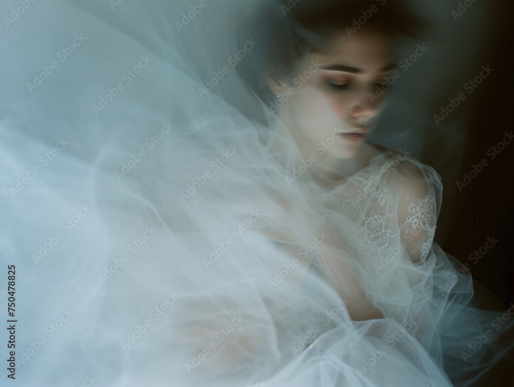 Ethereal Young Woman Emerging From Mist With Wide Eyes and Veil in Soft Light. Generative AI Ethereal Young Woman Emerging From Mist With Wide Eyes and Veil in Soft Light. Generative AI