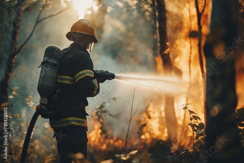 A firefighter in action, spraying water on a raging forest fire to extinguish flames and prevent further spread.