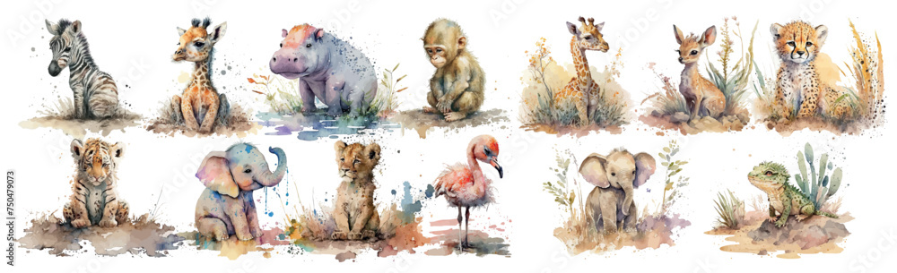 Fototapeta premium Watercolor Collection of Baby Animals: A Beautifully Illustrated Set Featuring a Zebra, Giraffe, Hippo, Elephant, Tiger, Flamingo and More in Natural
