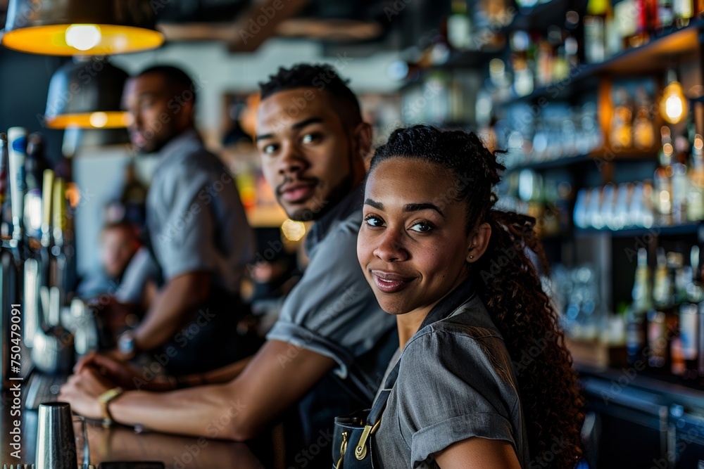 An attractive young couple poses at a bar counter with drinks and a bartender in the background An attractive young couple poses at a bar counter with drinks and a bartender in the background