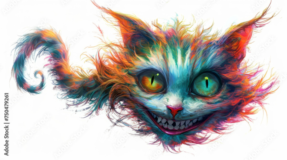 A Cheshire cat with big eyes and a grin, an illustration of the fantasy concept
