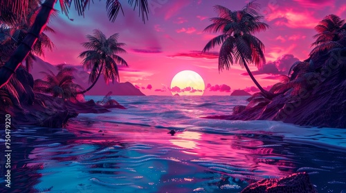 A serene tropical sunset with pink and purple hues reflecting off palm-fringed shores and tranquil waters
