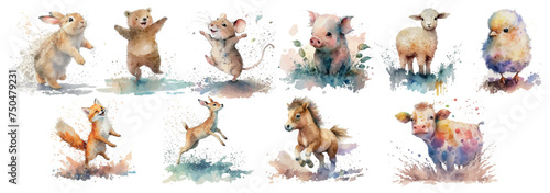 Watercolor Collection of Playful Farm and Wild Animals in Action, Perfect for Art Prints, Children’s Books Illustration