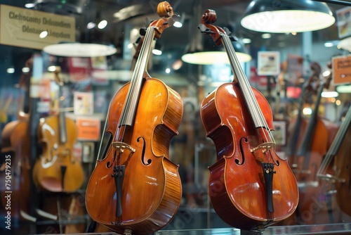 Two cellos placed on a table.